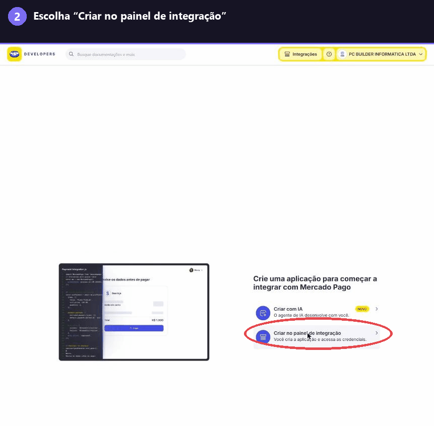Opção Criar no painel de integração destacada