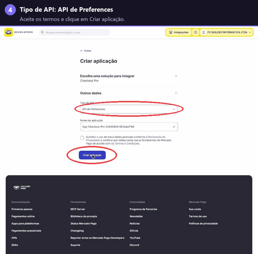 API de Preferences selecionada e botão Criar aplicação destacado