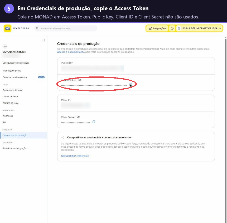 Credenciais de produção com botão de copiar Access Token destacado e credenciais ocultas