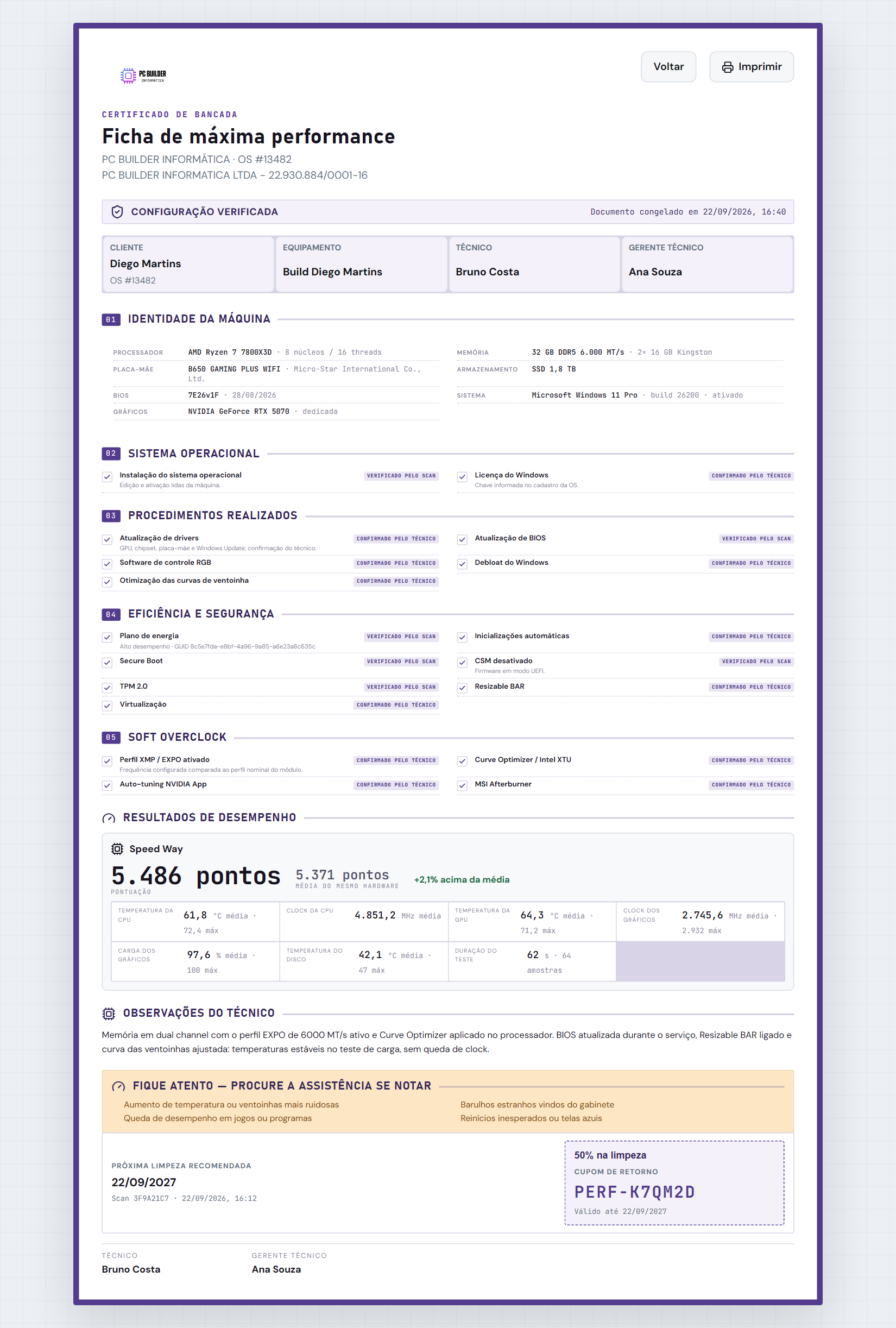 Certificado de bancada: Ficha de máxima performance pronta para imprimir e entregar junto com o PC.