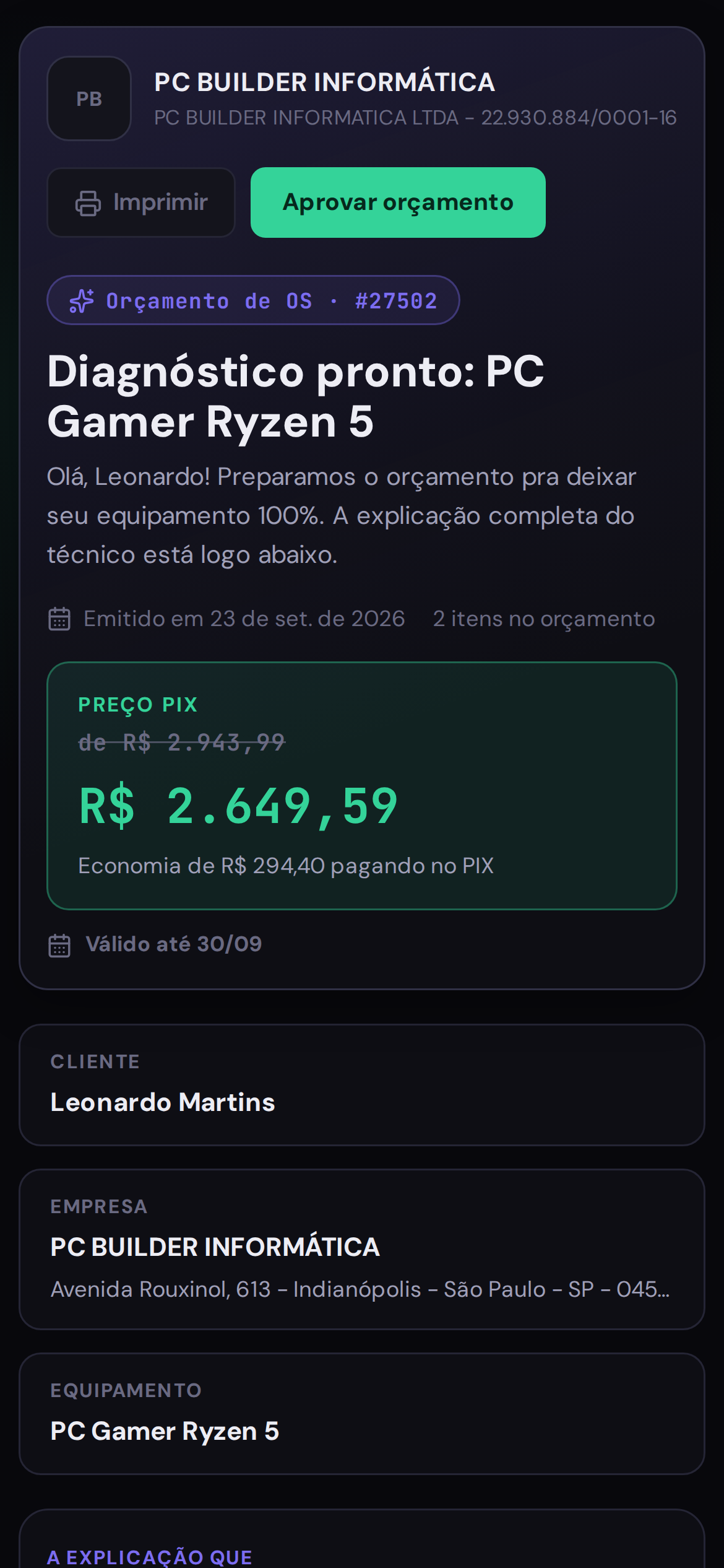 Orçamento da OS: O cliente abre o link e vê o diagnóstico e o preço