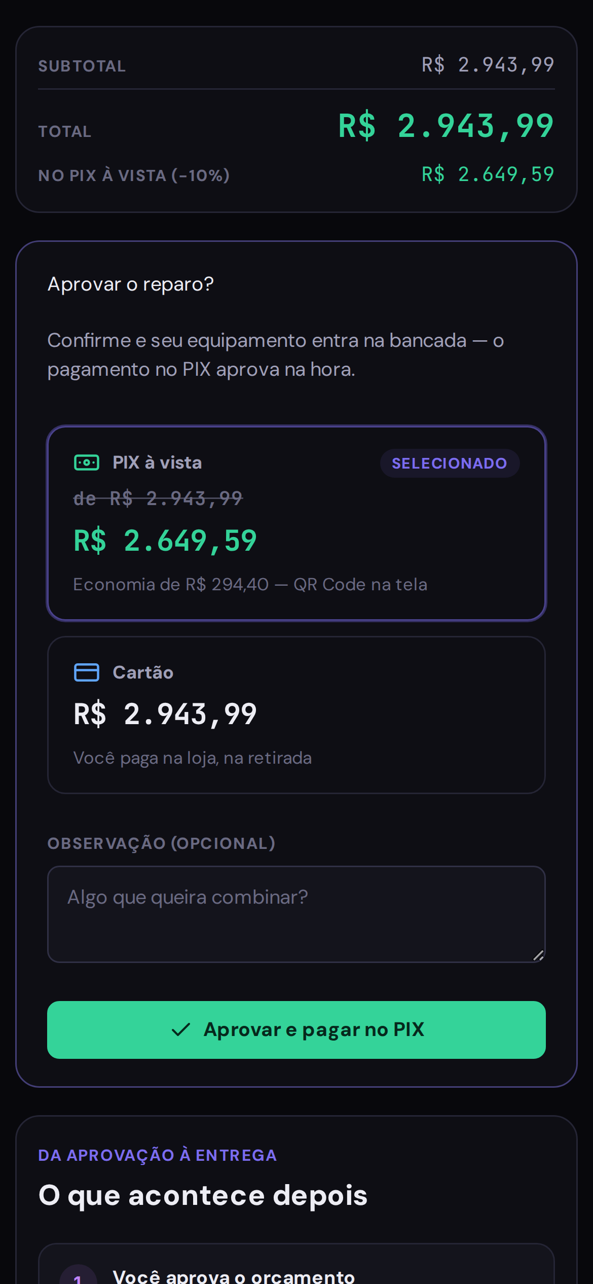 Aprovação: Escolhe Pix com desconto ou cartão na retirada
